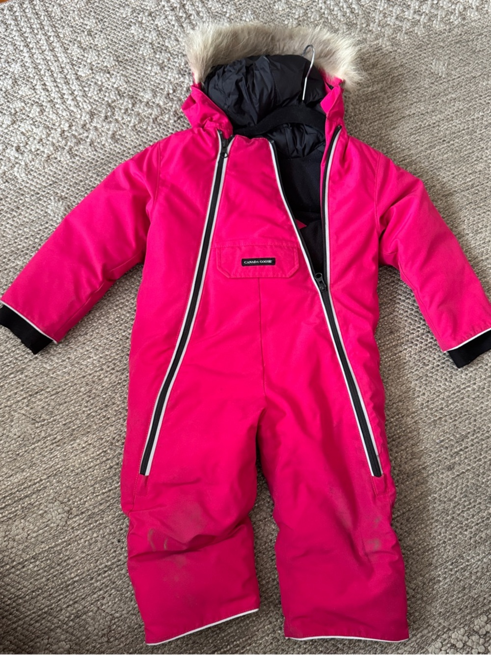 Canada Goose Bright Pink Insulated Kids One-Piece Snowsuit with Fur-Trim Hood